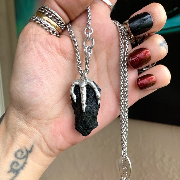 Black raw natural tourmaline gemstone electroplated charm steel boho necklace . - Picture 9 of 12